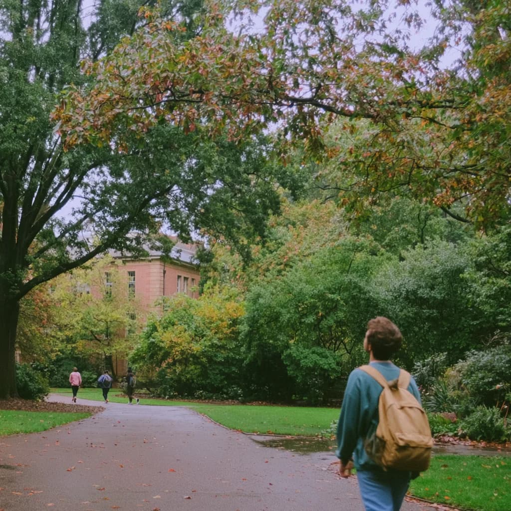A student taking a tree-lined path through campus