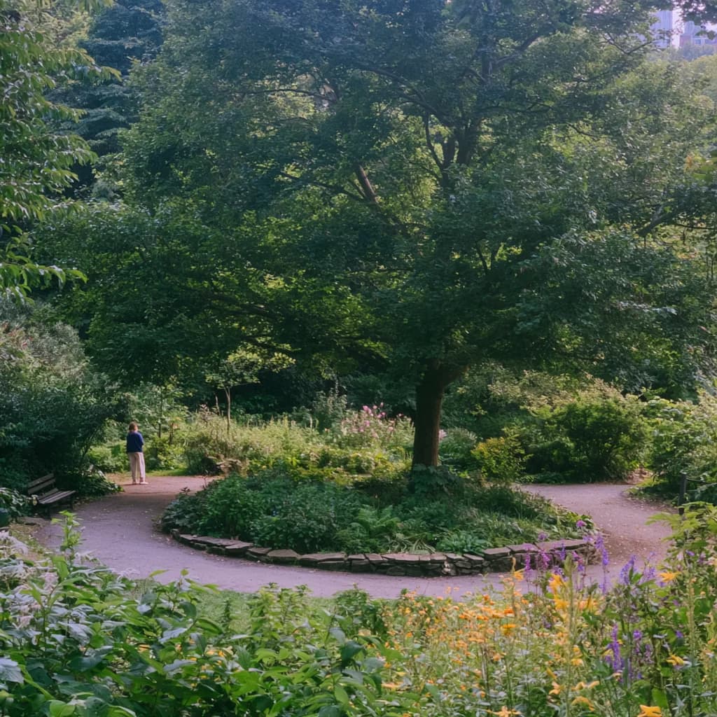 A quiet garden path with places to pause beneath trees