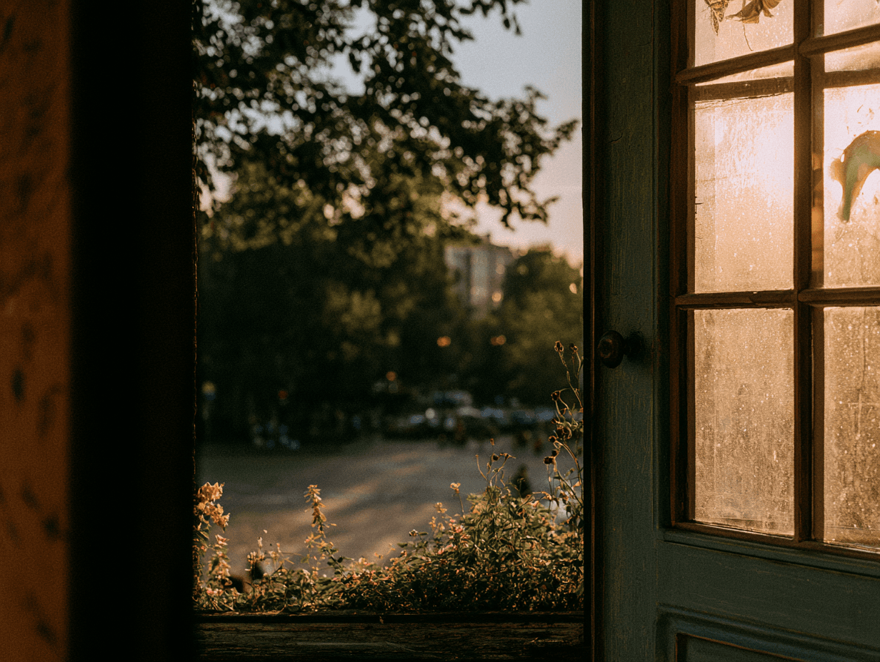 A door open to flowers and a golden-hour street