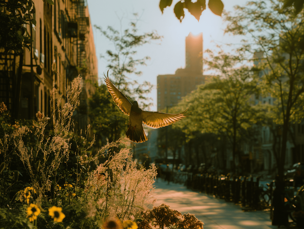A pigeon taking flight on a golden-hour city street