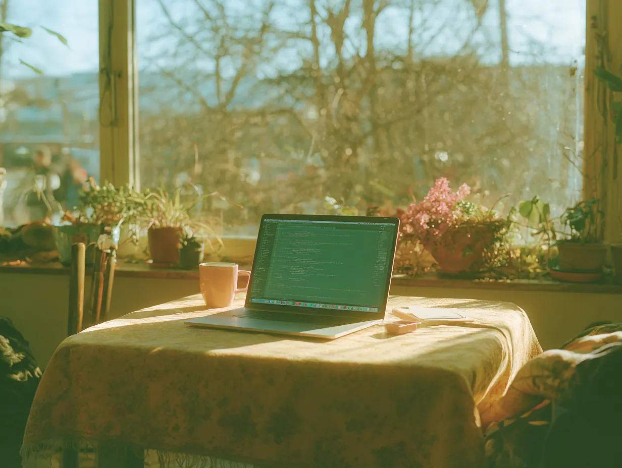 A laptop open to code on a sunlit table by a window, with a coffee mug, potted plants, and bare trees outside.