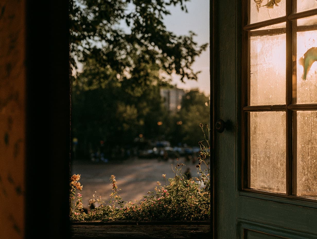A door open to flowers and a golden-hour street