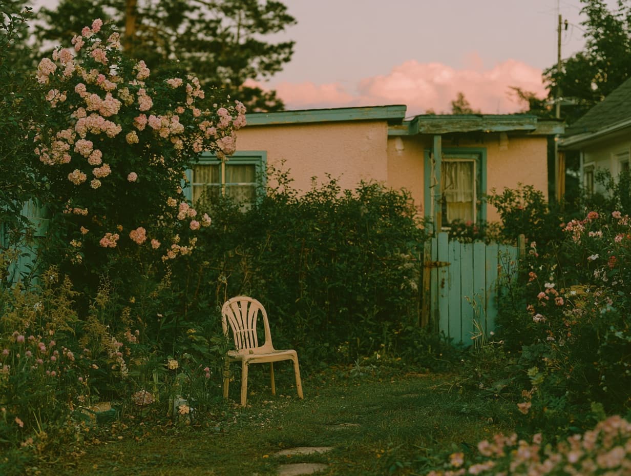 A garden at golden hour, roses in bloom and a single chair on the grass