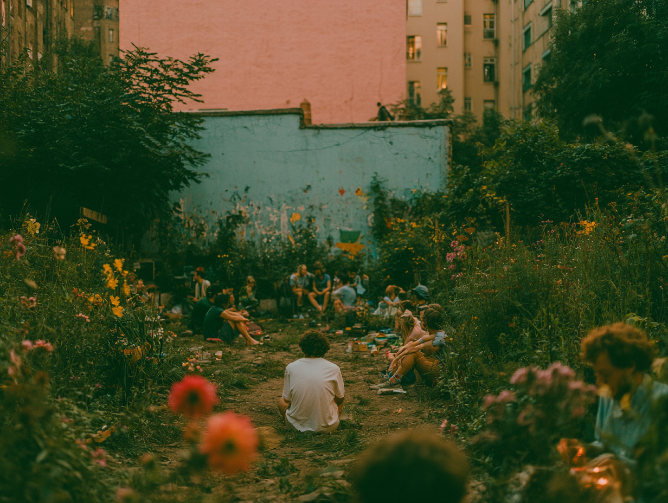 A community gathered among wildflowers in an urban garden at dusk