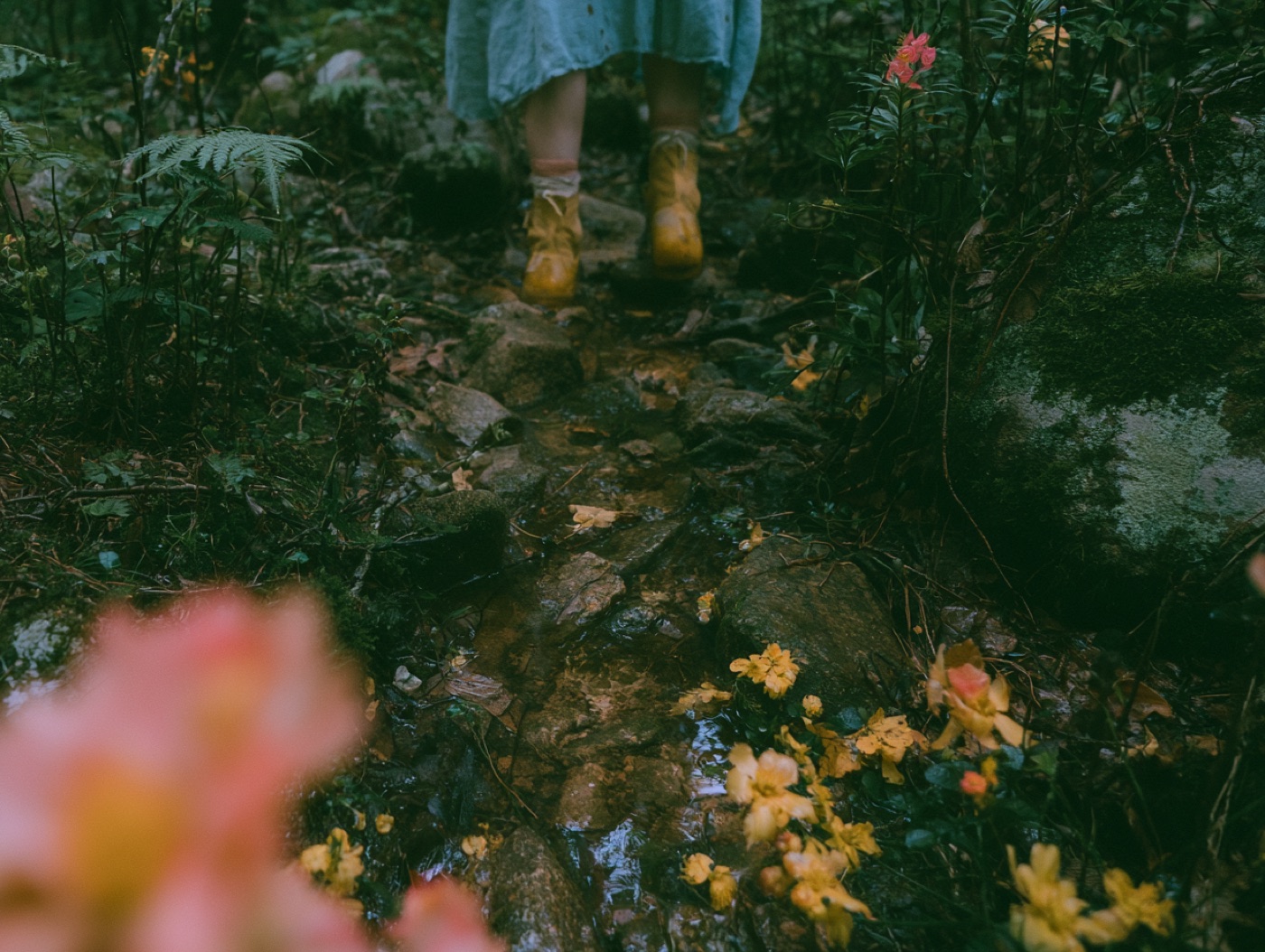 Boots on a wet forest path among wildflowers